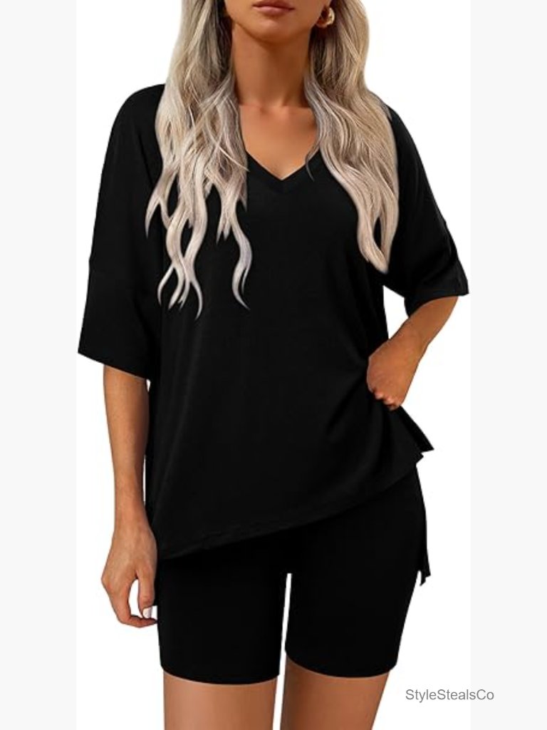 Women's Two Piece Lounge Set, Biker Shorts & Oversized Tee, Travel Outfit